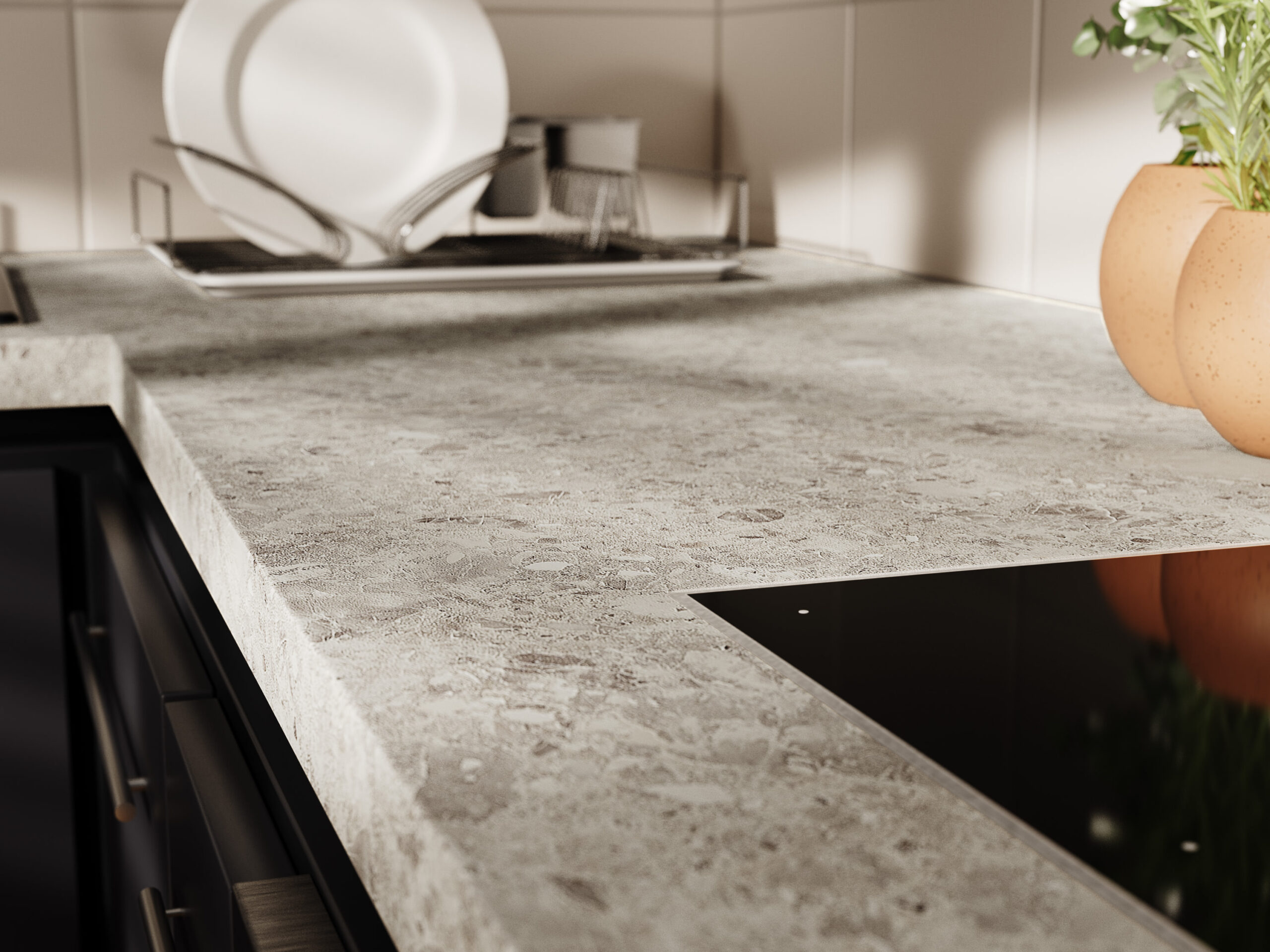 Detail van Scala Light keukenwrap staal met lichte terrazzo structuur