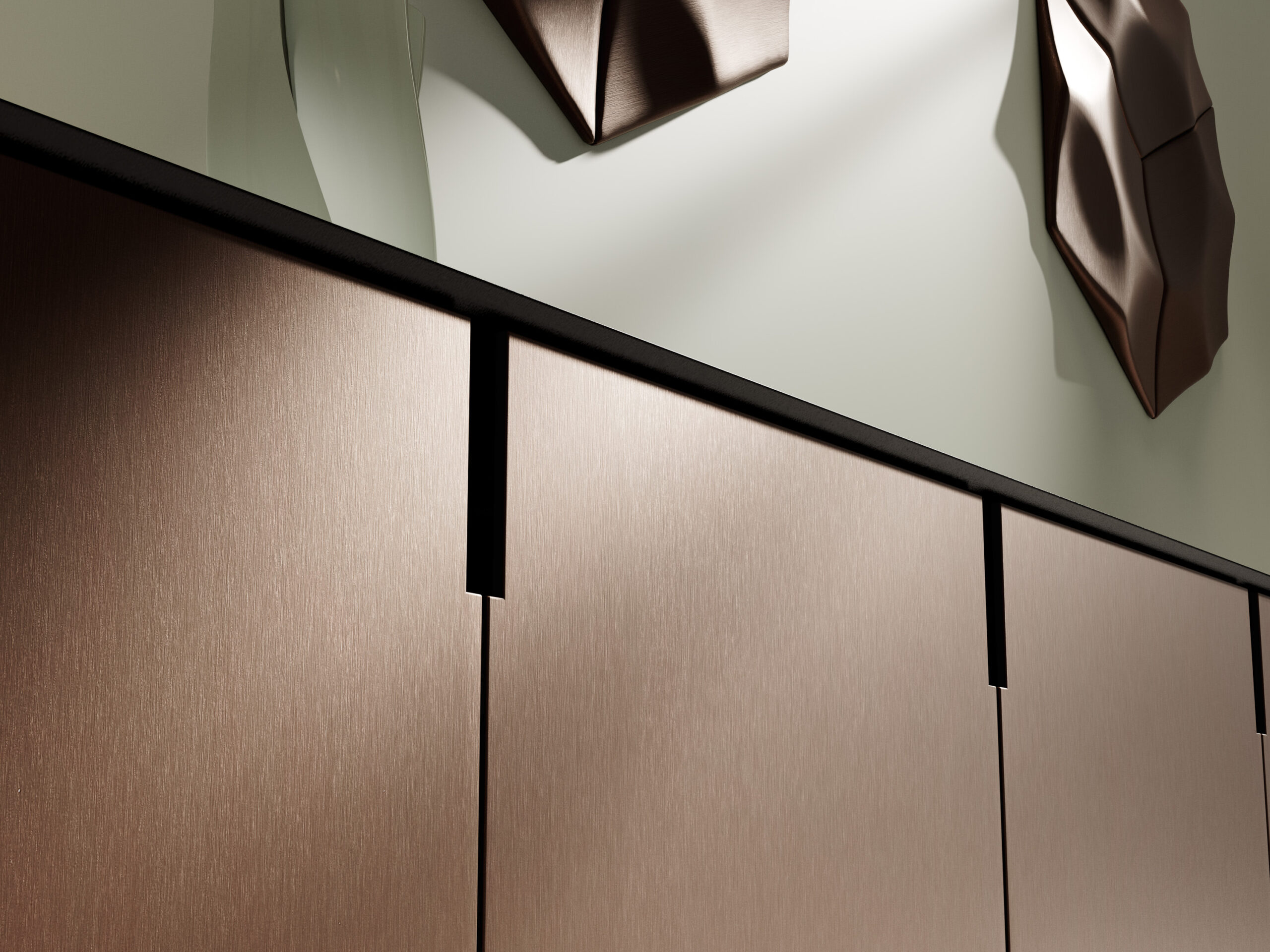 Detail van Pluma Copper keukenfolie met koperkleurige afwerking